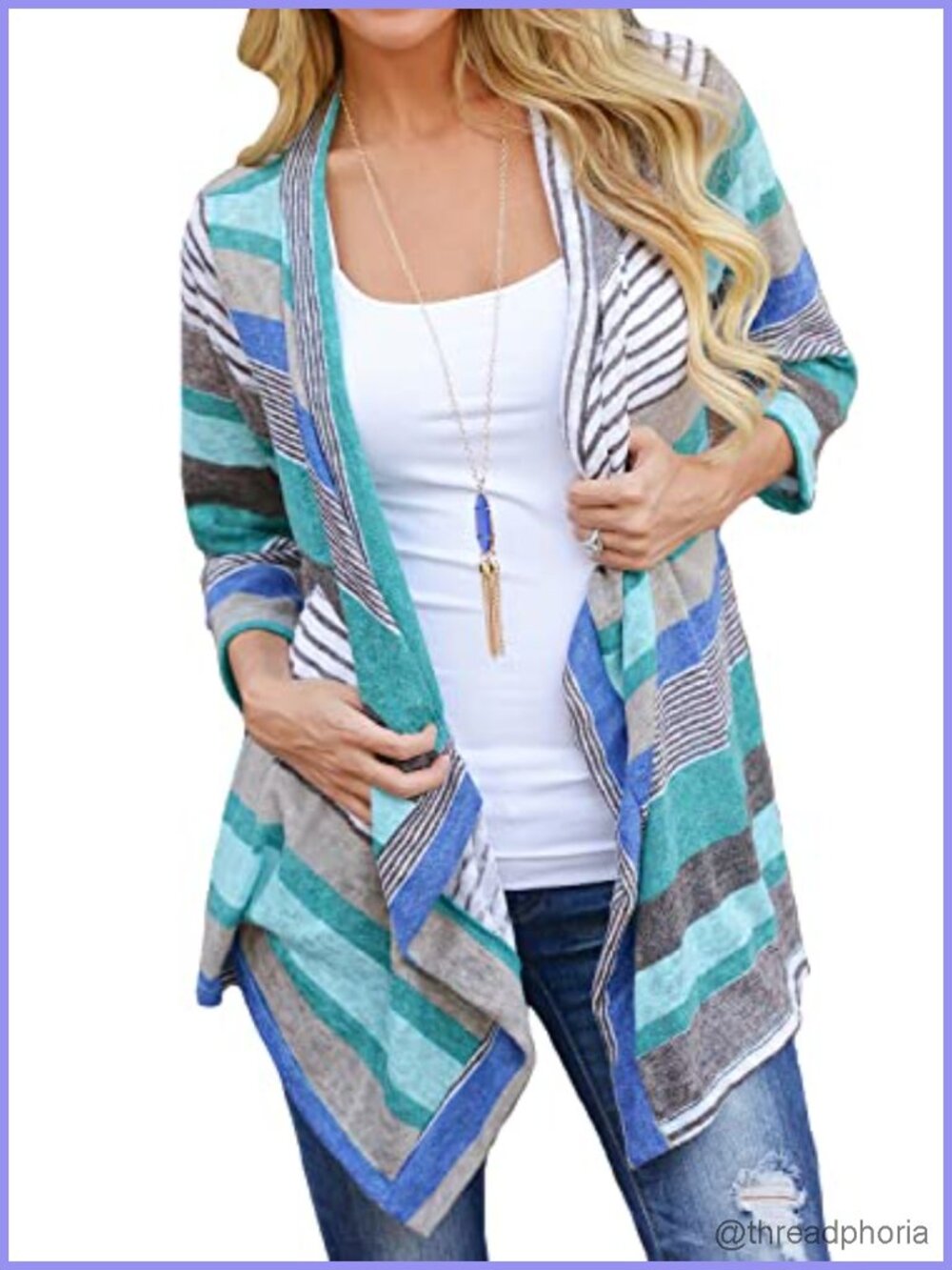 Women's 3/4 Sleeve Open Front Cardigan Sweater - Striped Knit Kimono Draped